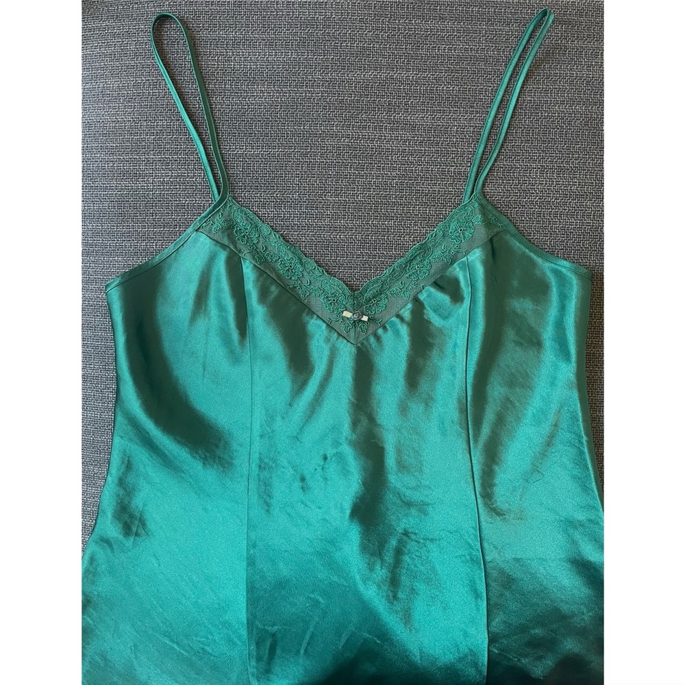 Emerald Green Satin Midi Slip Dress Lace Vintage Size Medium Lingerie Nightie